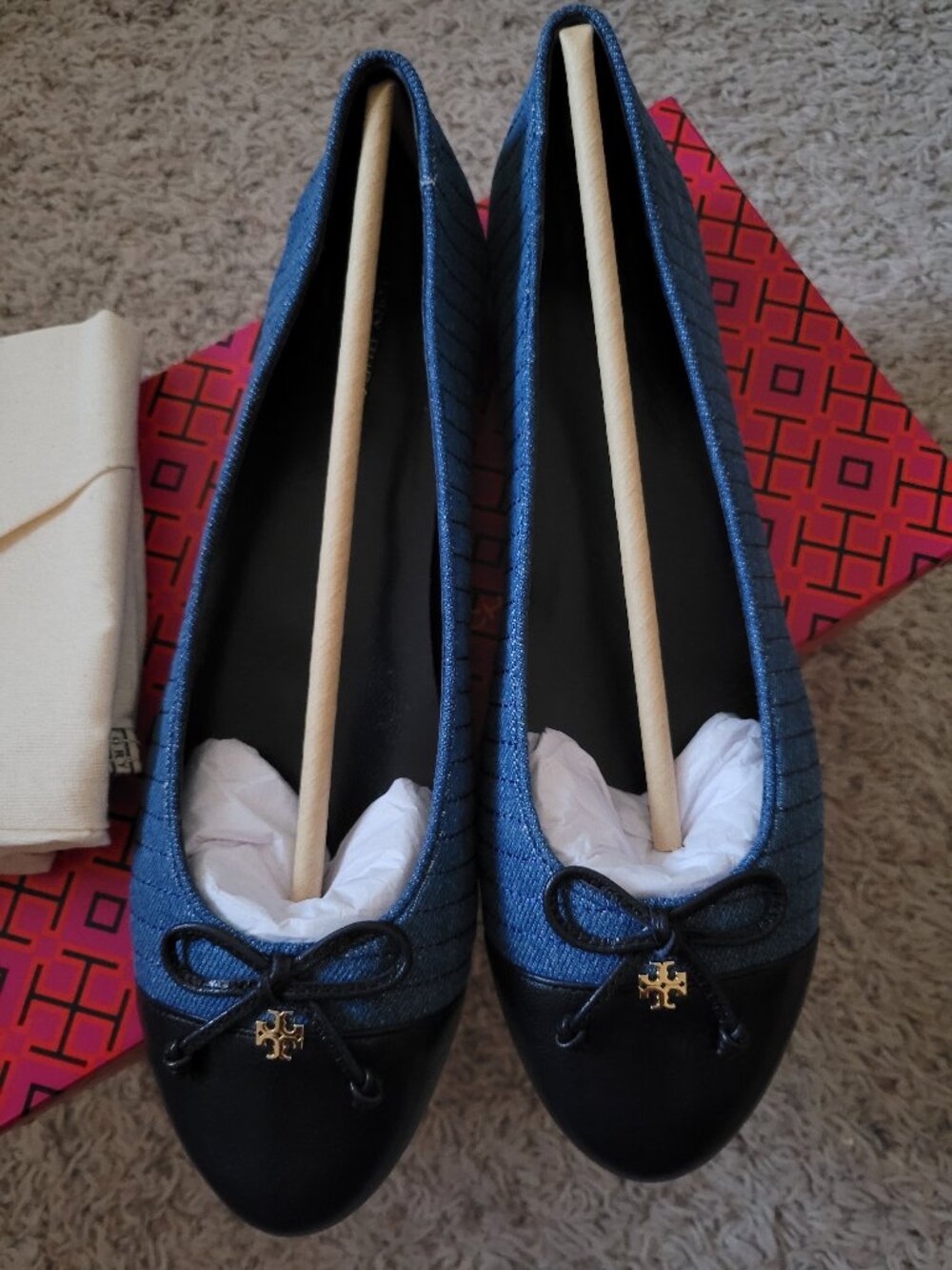 NIB Tory Burch Cap Toe Denim Quilted Ballet Shoes - 8.5